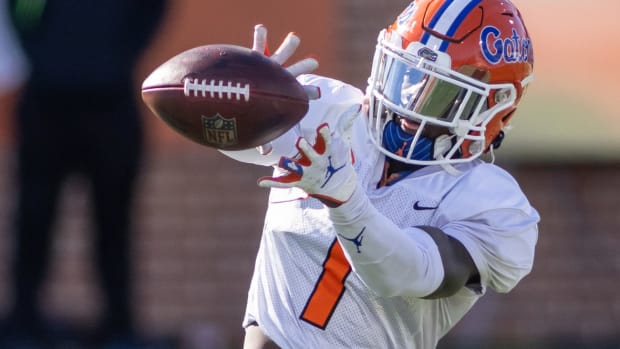 Jan 28, 2021; American wide receiver Kadarius Toney of Florida (1) grabs a pass during American practice at Hancock Whitney Stadium in Mobile, Alabama.